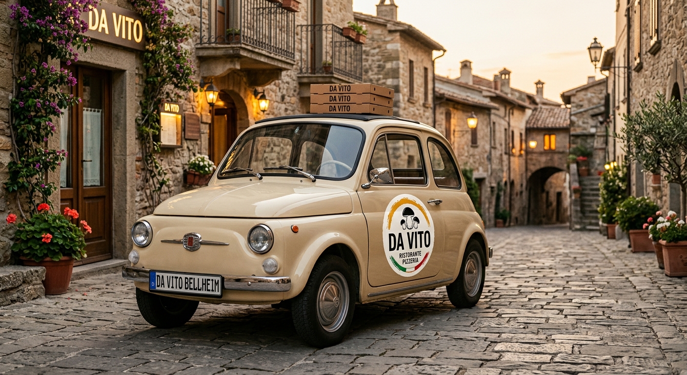 Klassischer Fiat 500 mit Da Vito Logo und Pizzakartons als Lieferwagen